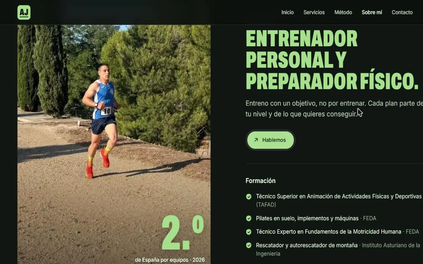 Sección sobre Antonio en su web, en escritorio